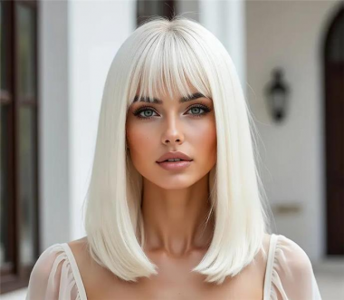 Paróka szintetikus műhajból 30cm fehér szőke bob fazon egyenes haj és fufru