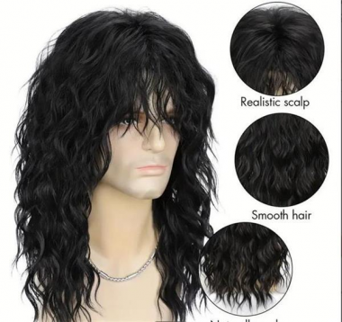 Paróka szintetikus műhajból 45cm fekete férfi rock fazon hullámos hajjal