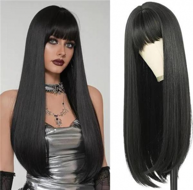 Paróka szintetikus műhajból 60cm fekete bob fazon egyenes haj és fufru