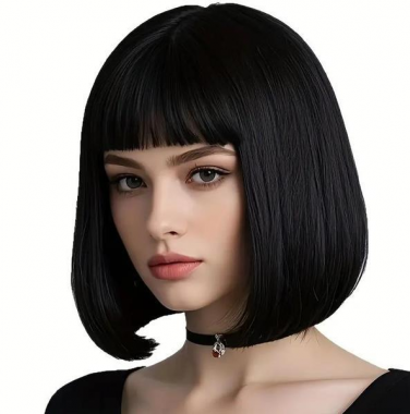 Paróka szintetikus műhajból 30cm fekete bob1 fazon egyenes haj és fufru