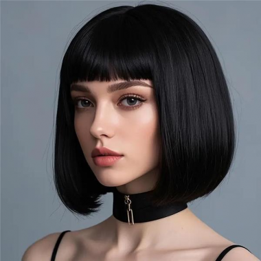 Paróka szintetikus műhajból 30cm fekete bob fazon egyenes haj és fufru